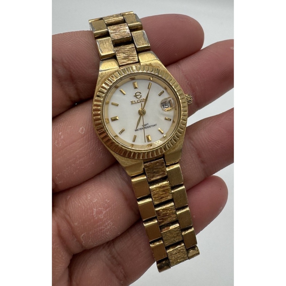 Ladies Elgin Eg160 Mother Of Pearl Dial Gold Tone Divers Watch Needs Battery